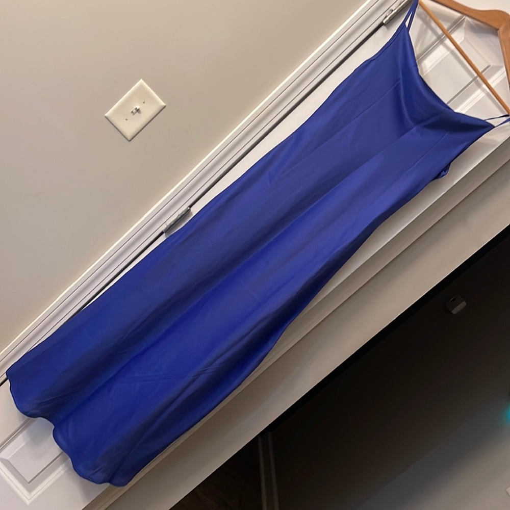 Long royal blue satin asymmetrical prom dress size 4.